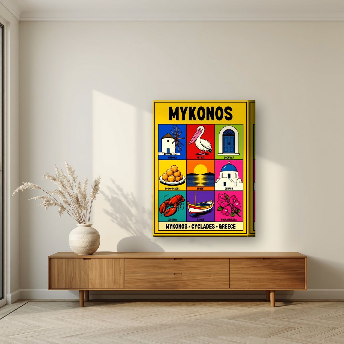 Island Almanac — Mykonos art print, on thick canvas, styled in a living room