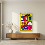Island Almanac — Mykonos art print, as an acrylic print, styled in a living room