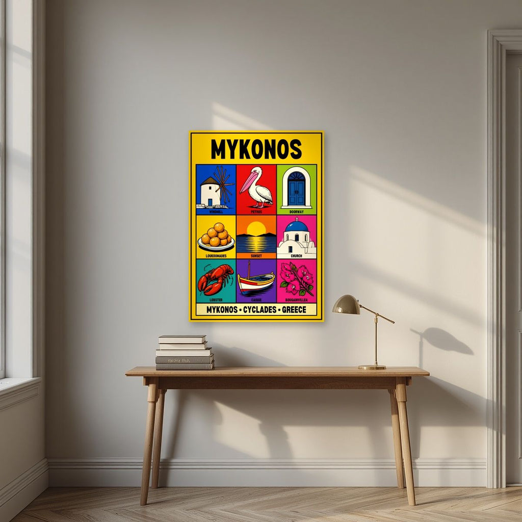 Island Almanac — Mykonos art print, unframed poster, styled in a desk