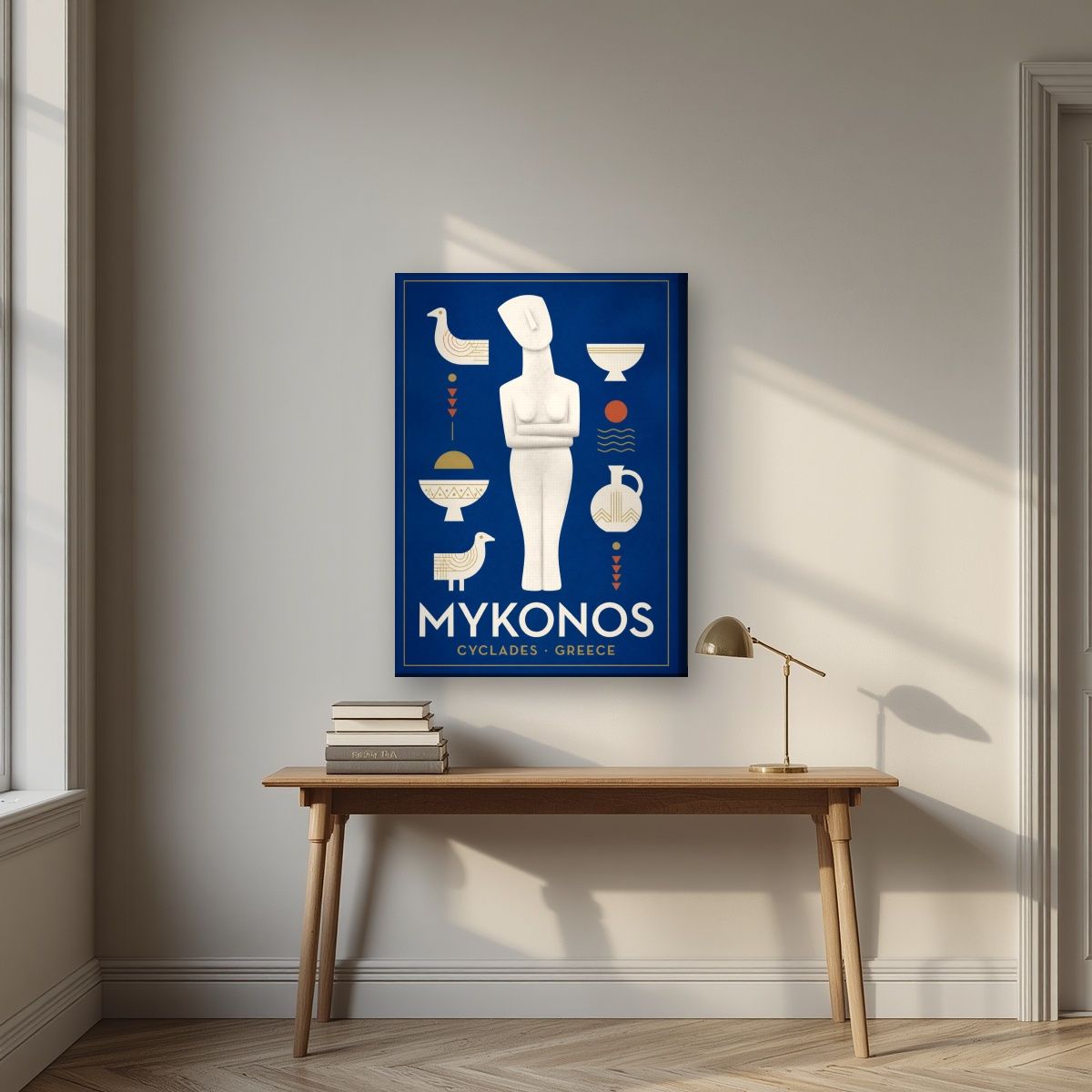 Kykladiki Morfi — Mykonos art print, on slim canvas, styled in a desk