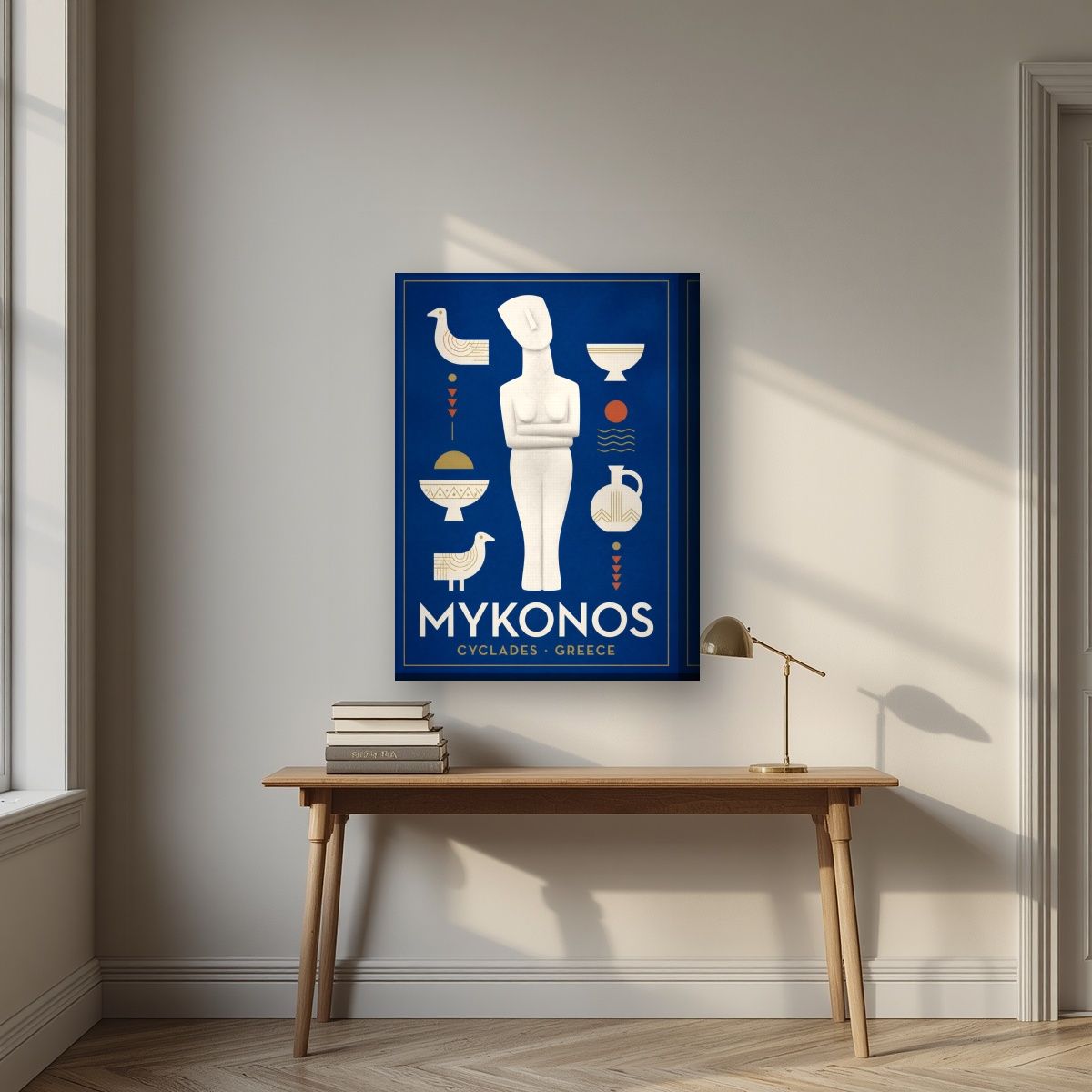 Kykladiki Morfi — Mykonos art print, on thick canvas, styled in a desk