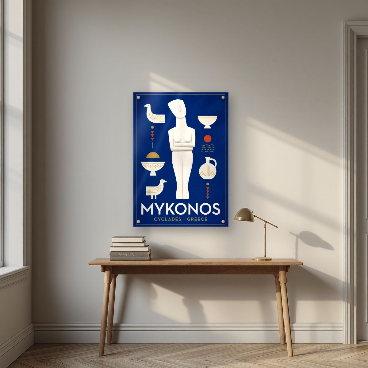 Kykladiki Morfi — Mykonos art print, as an acrylic print, styled in a desk
