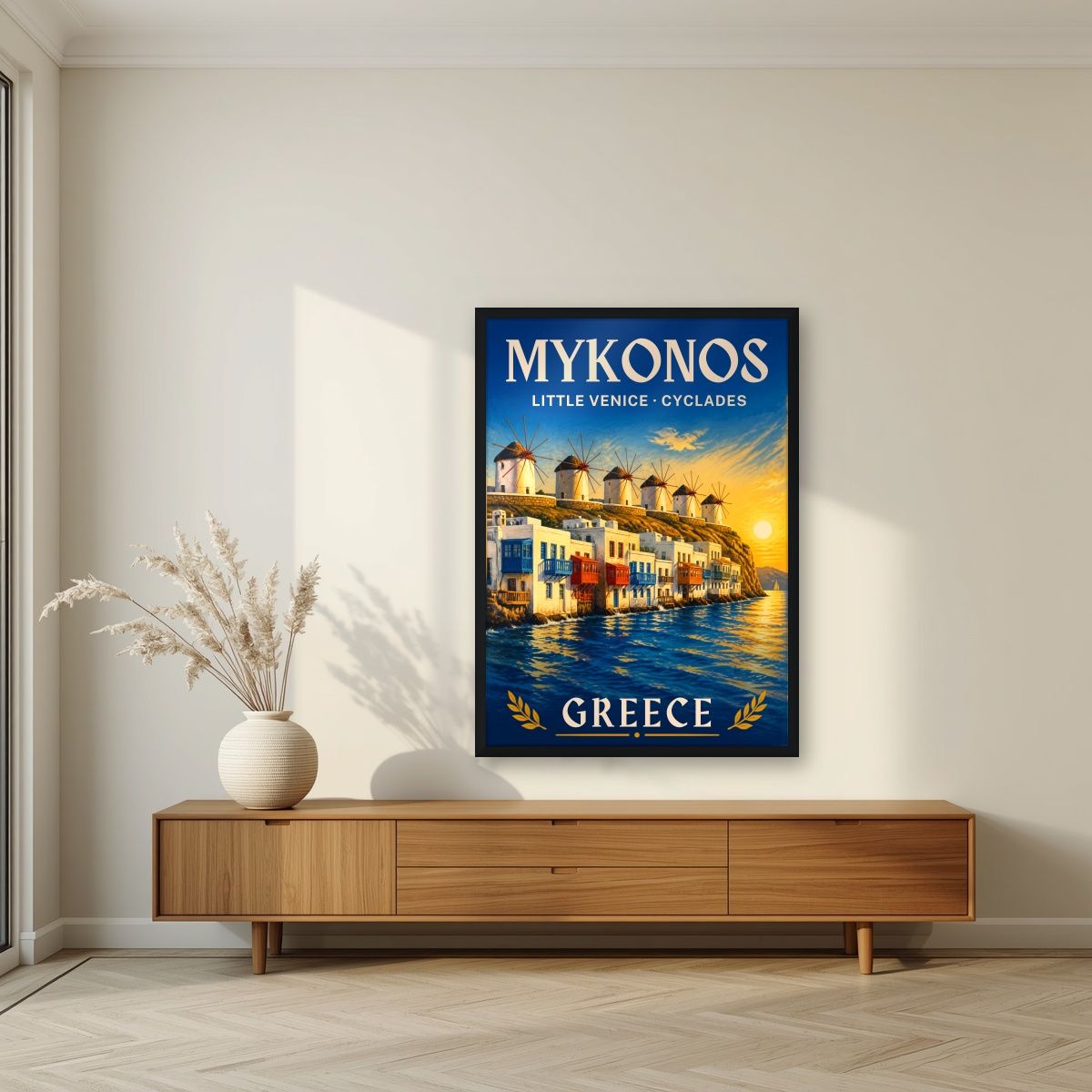 Mikri Venetia — Mykonos art print, in a black frame, styled in a living room