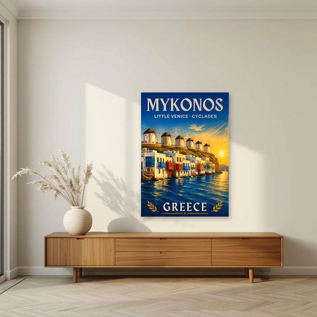 Mikri Venetia — Mykonos art print, unframed poster, styled in a living room