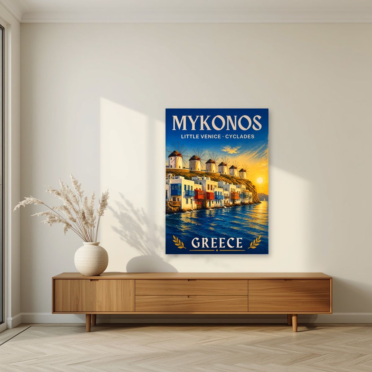 Mikri Venetia — Mykonos art print, unframed poster, styled in a living room