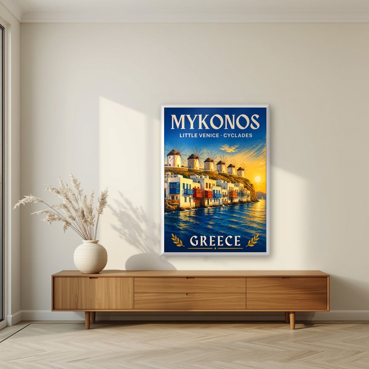 Mikri Venetia — Mykonos art print, in a white frame, styled in a living room