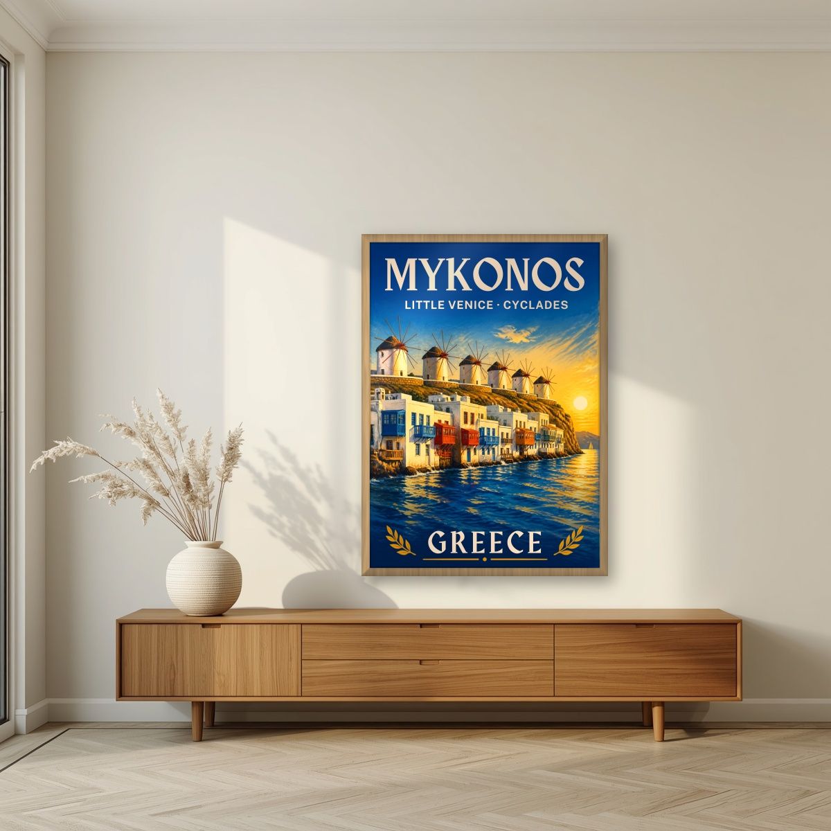 Mikri Venetia — Mykonos art print, in an oak frame, styled in a living room