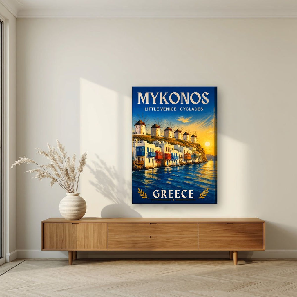 Mikri Venetia — Mykonos art print, on slim canvas, styled in a living room