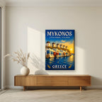 Mikri Venetia — Mykonos art print, on slim canvas, styled in a living room