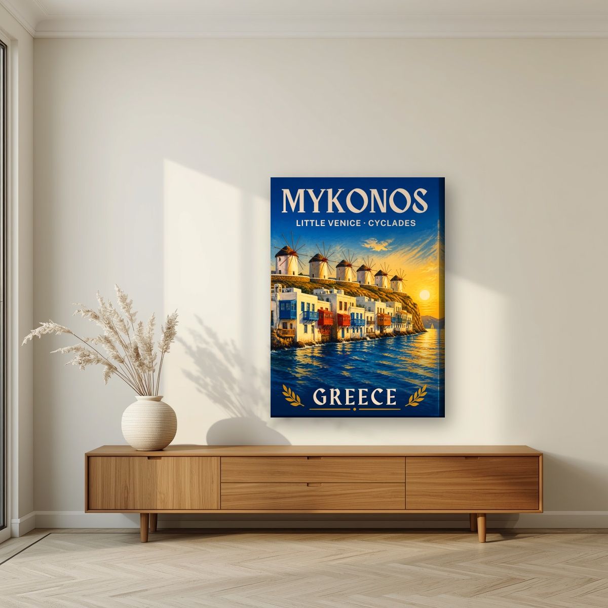 Mikri Venetia — Mykonos art print, on slim canvas, styled in a living room