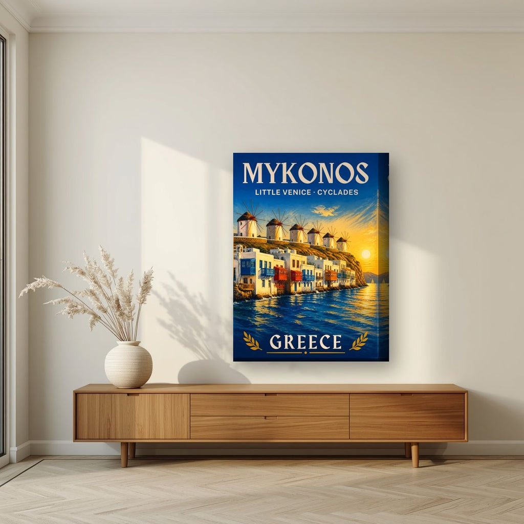 Mikri Venetia — Mykonos art print, on thick canvas, styled in a living room