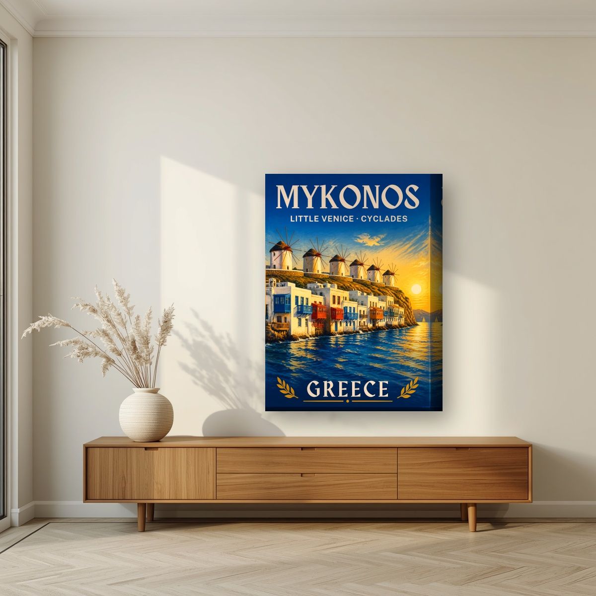 Mikri Venetia — Mykonos art print, on thick canvas, styled in a living room