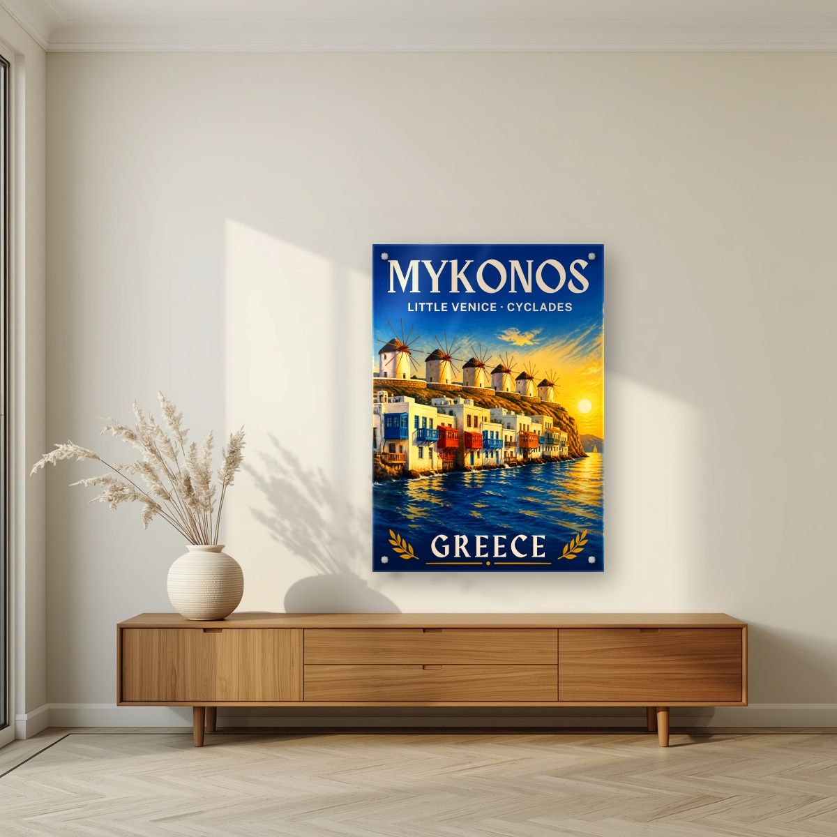 Mikri Venetia — Mykonos art print, as an acrylic print, styled in a living room