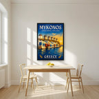 Mikri Venetia — Mykonos art print, in a black frame, styled in a kitchen