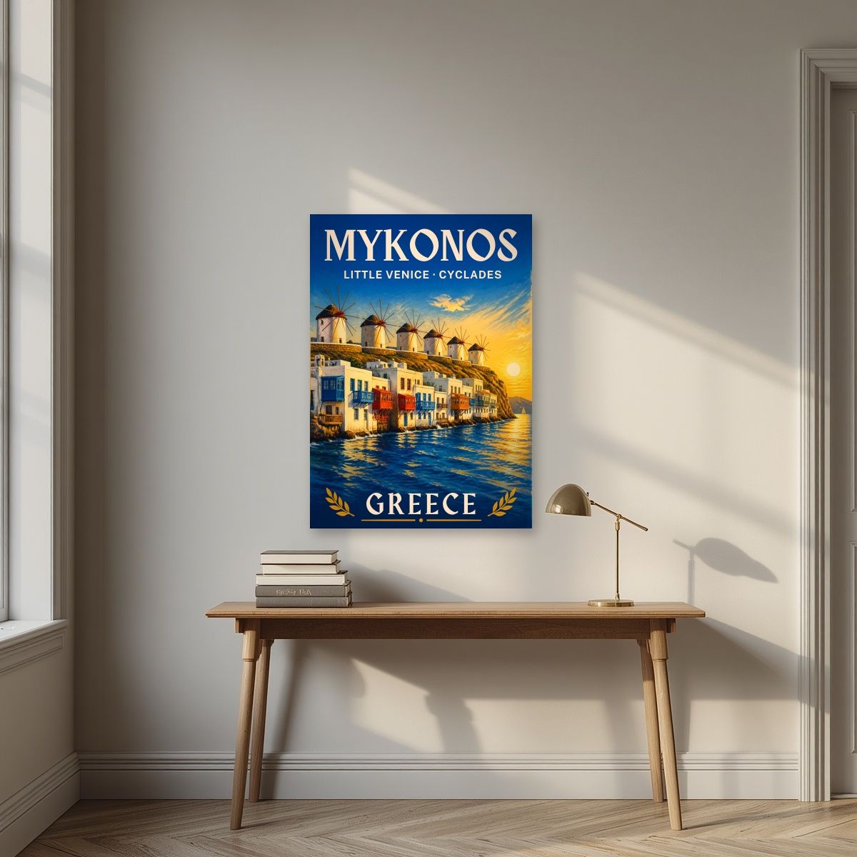 Mikri Venetia — Mykonos art print, unframed poster, styled in a desk