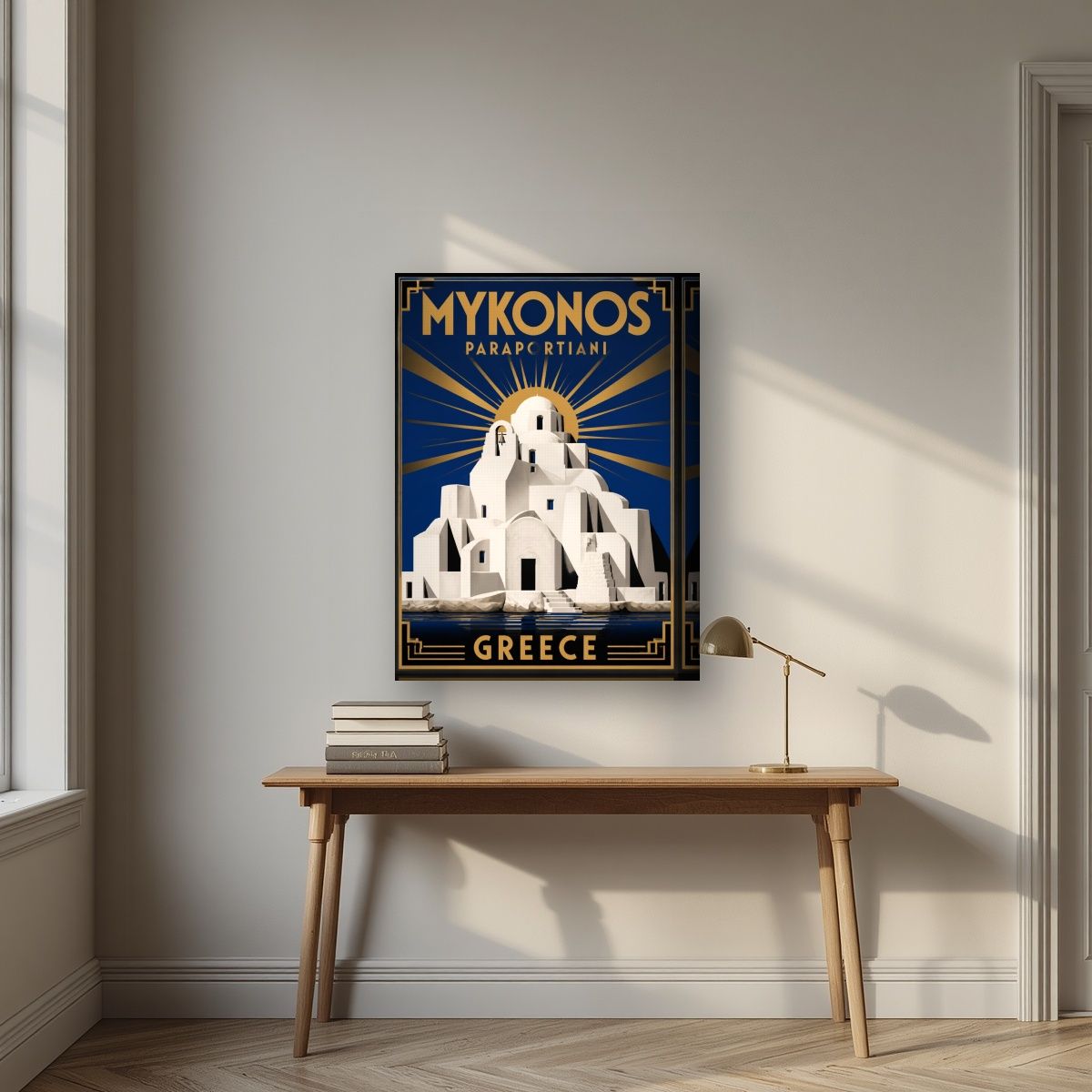 Panagia Paraportiani — Mykonos art print, on thick canvas, styled in a desk