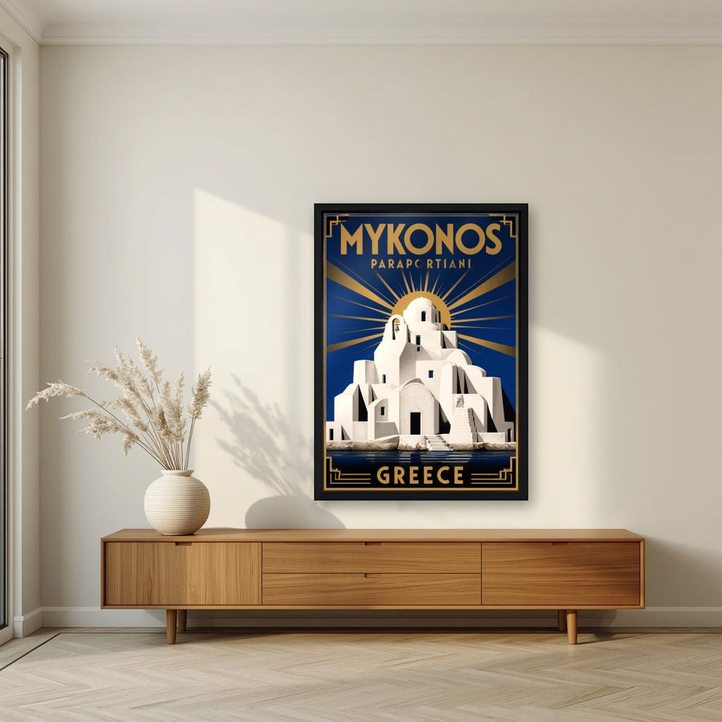 Panagia Paraportiani — Mykonos art print, in a black frame, styled in a living room