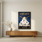 Panagia Paraportiani — Mykonos art print, in a black frame, styled in a living room