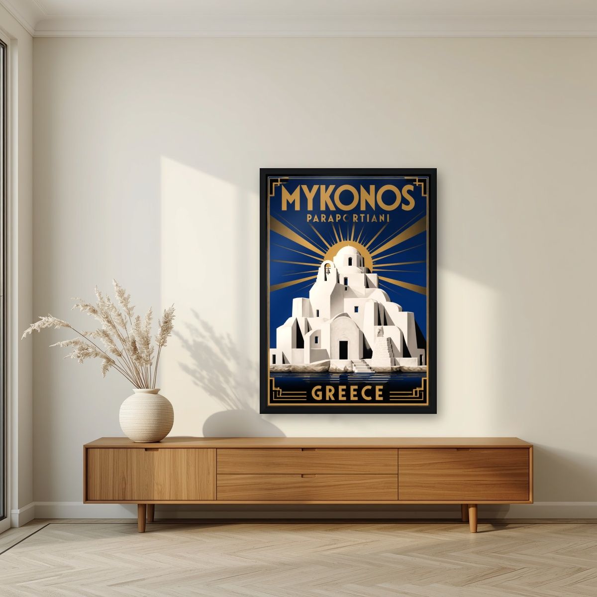 Panagia Paraportiani — Mykonos art print, in a black frame, styled in a living room