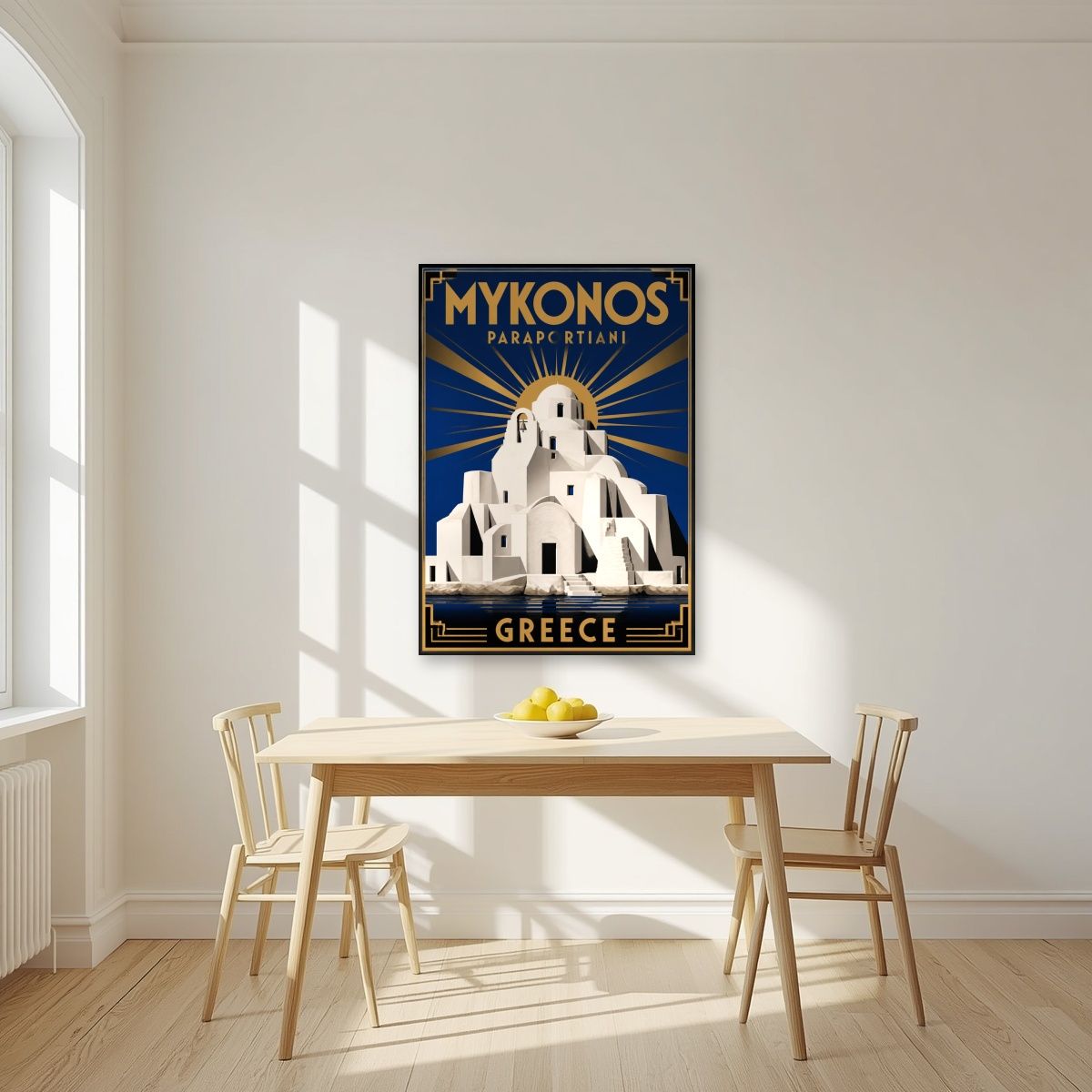 Panagia Paraportiani — Mykonos art print, unframed poster, styled in a kitchen