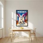 Petros o Pelekanos — Mykonos art print, in a black frame, styled in a kitchen