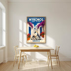 Petros o Pelekanos — Mykonos art print, in an oak frame, styled in a kitchen
