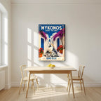 Petros o Pelekanos — Mykonos art print, on slim canvas, styled in a kitchen