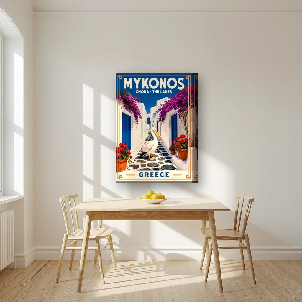 Petros o Pelekanos — Mykonos art print, on thick canvas, styled in a kitchen