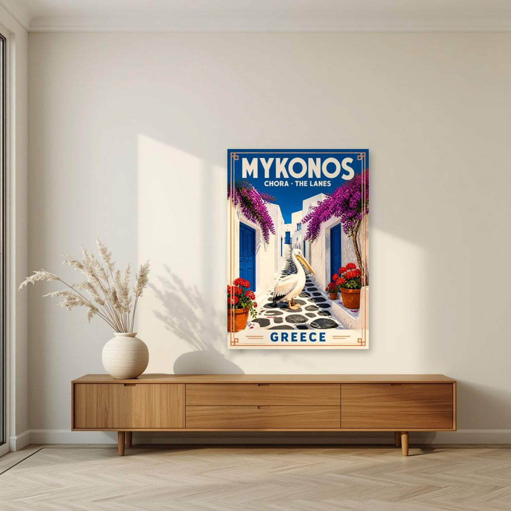 Petros o Pelekanos — Mykonos art print, unframed poster, styled in a living room