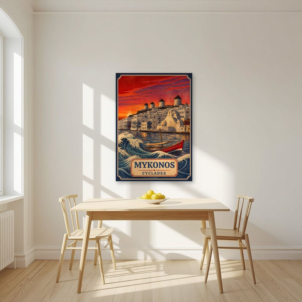 To Kyma — Mykonos art print, unframed poster, styled in a kitchen