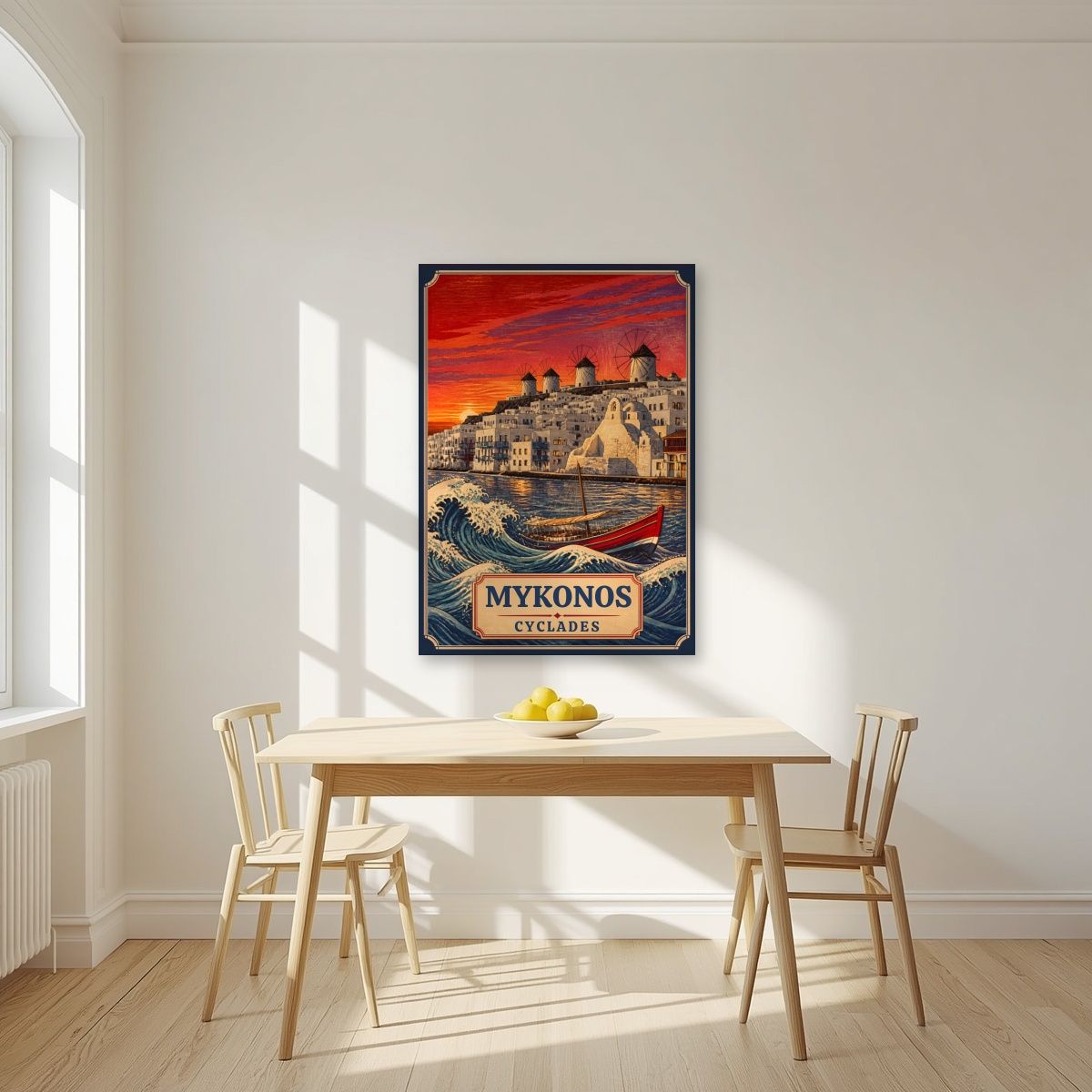 To Kyma — Mykonos art print, unframed poster, styled in a kitchen