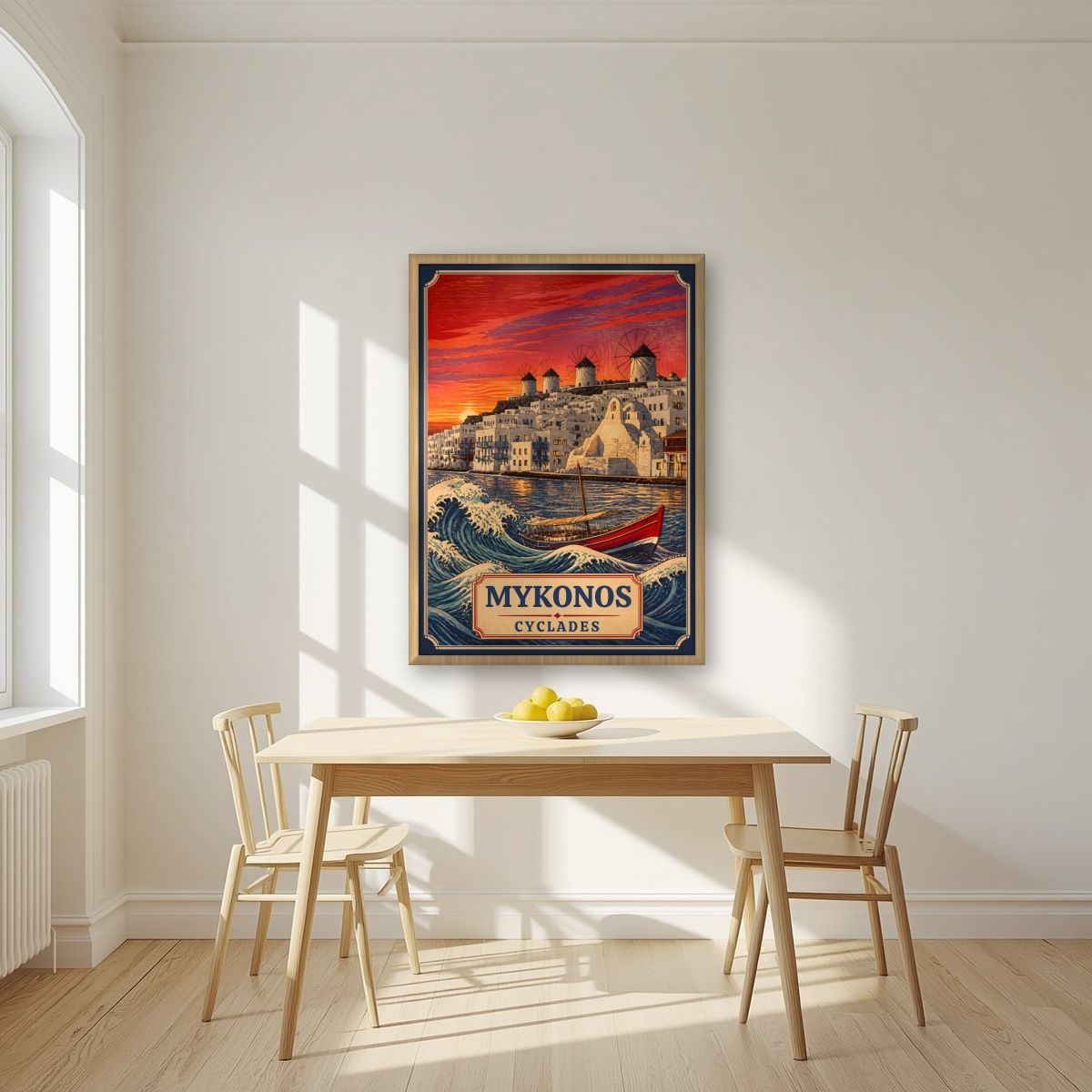 To Kyma — Mykonos art print, in an oak frame, styled in a kitchen