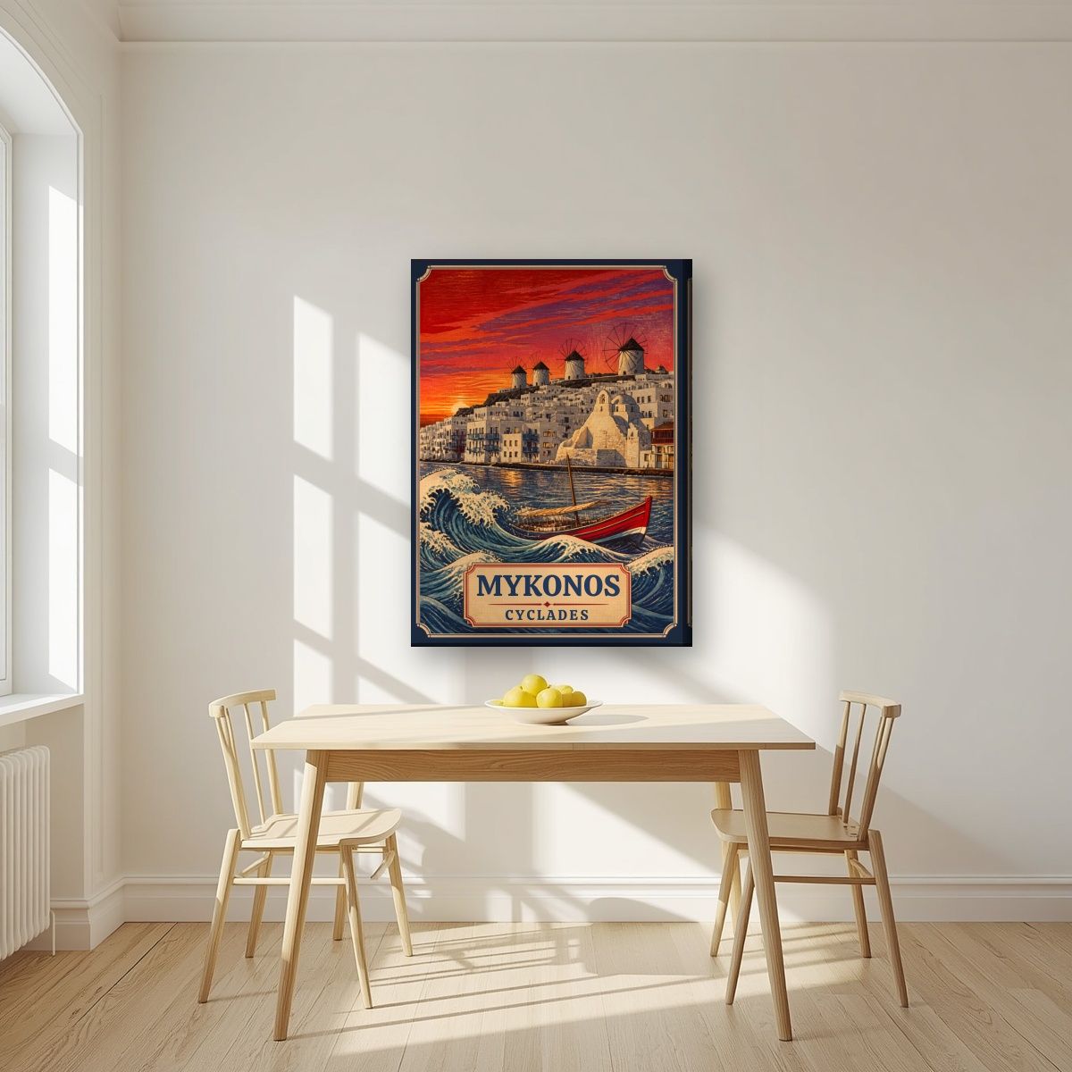 To Kyma — Mykonos art print, on slim canvas, styled in a kitchen