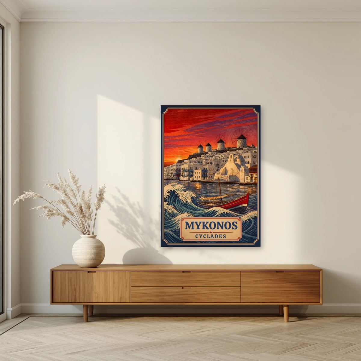 To Kyma — Mykonos art print, unframed poster, styled in a living room