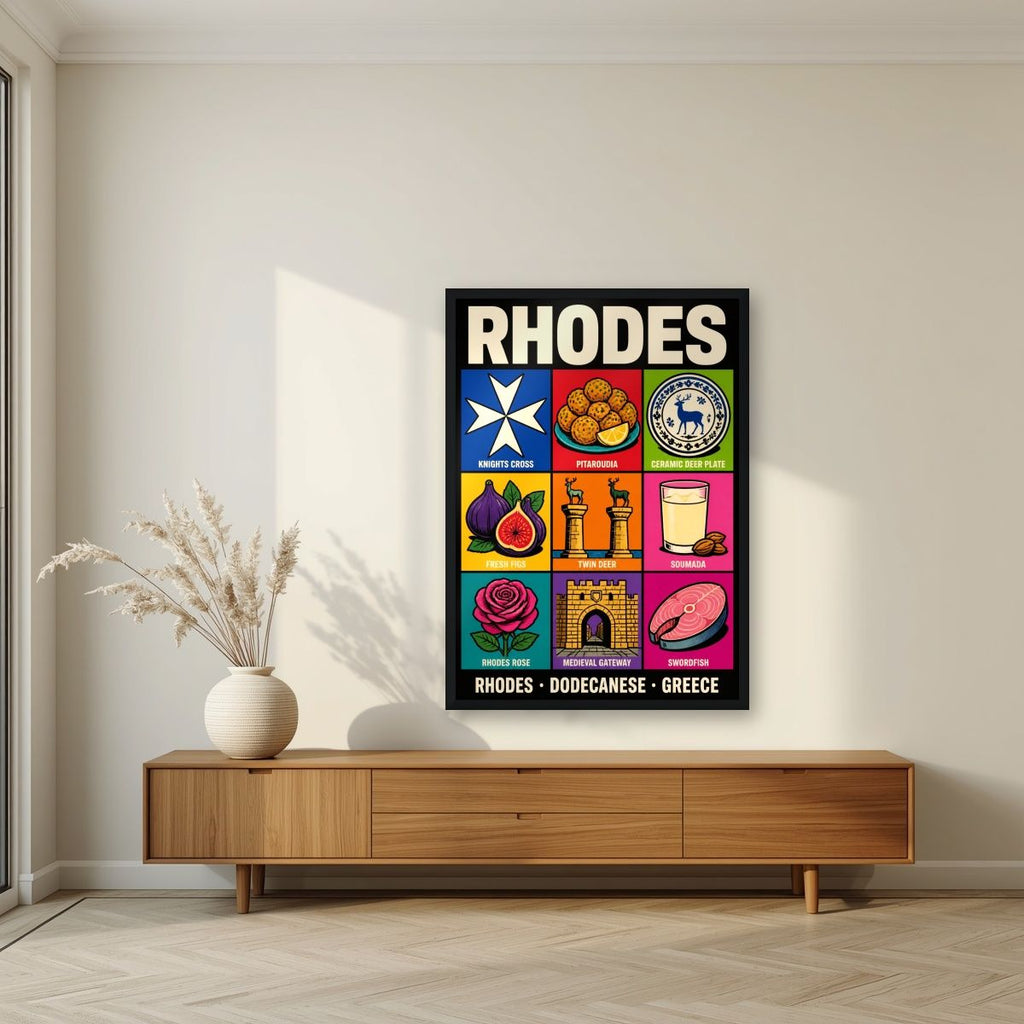 Dodecanese Icons — Rhodes art print, in a black frame, styled in a living room