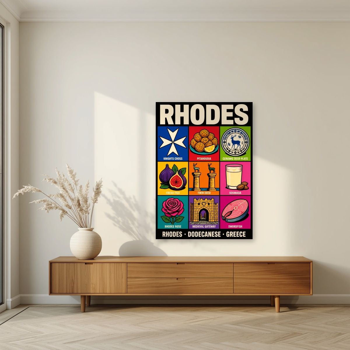 Dodecanese Icons — Rhodes art print, unframed poster, styled in a living room