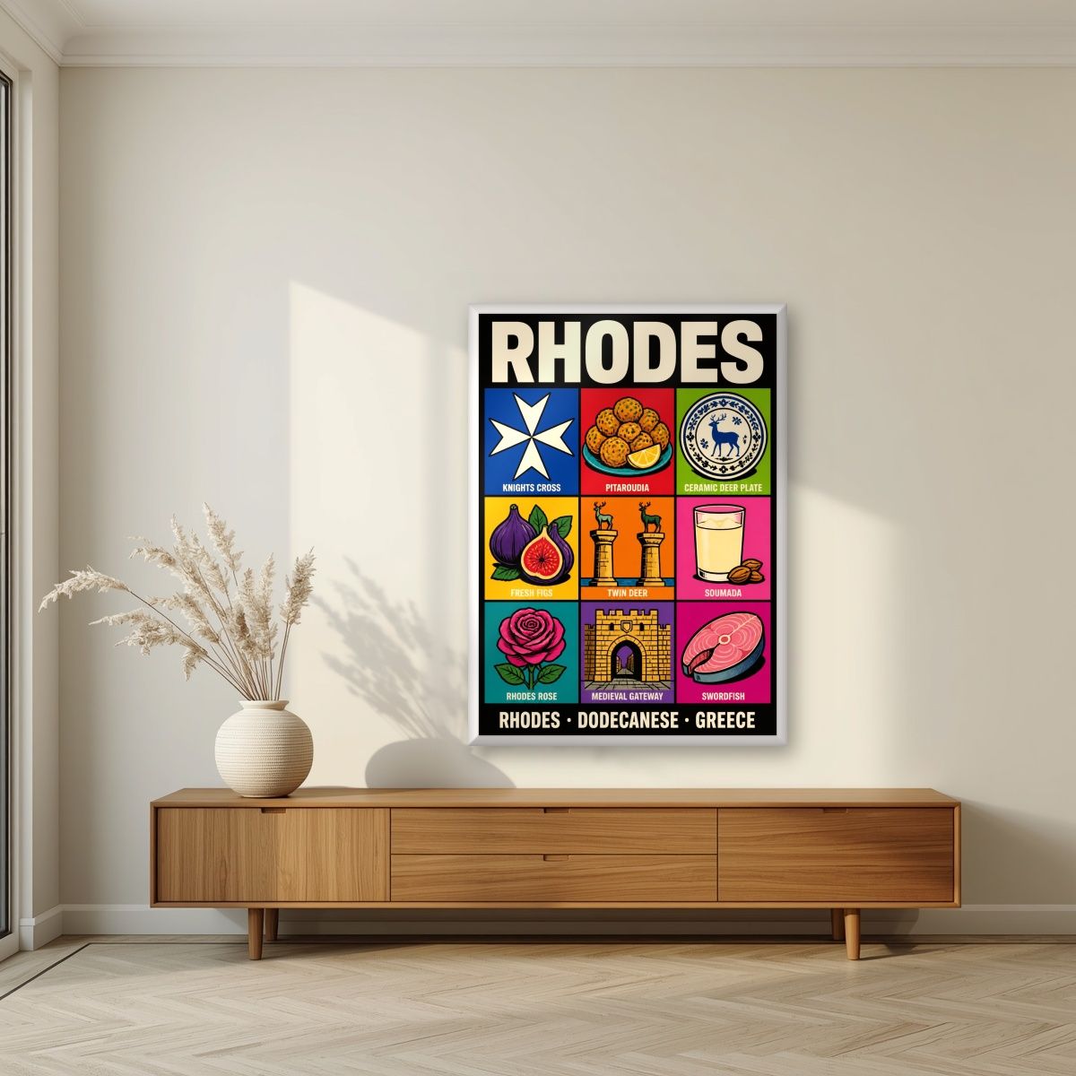 Dodecanese Icons — Rhodes art print, in a white frame, styled in a living room