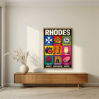 Dodecanese Icons — Rhodes art print, in an oak frame, styled in a living room
