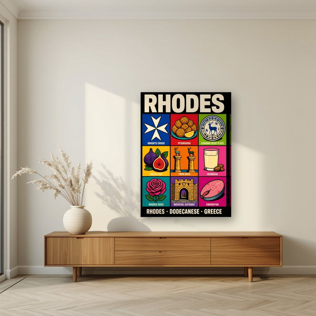 Dodecanese Icons — Rhodes art print, on slim canvas, styled in a living room