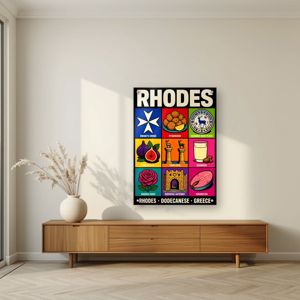 Dodecanese Icons — Rhodes art print, as an acrylic print, styled in a living room