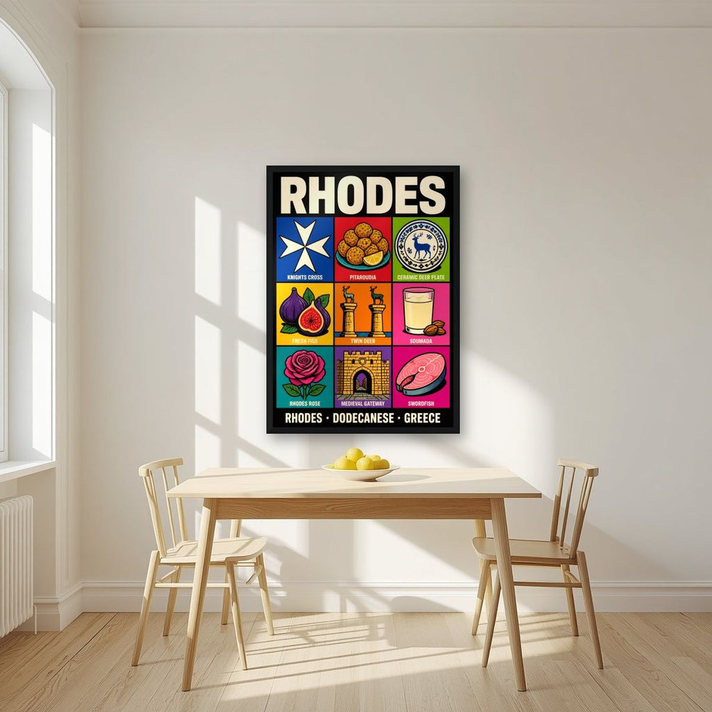 Dodecanese Icons — Rhodes art print, in a black frame, styled in a kitchen