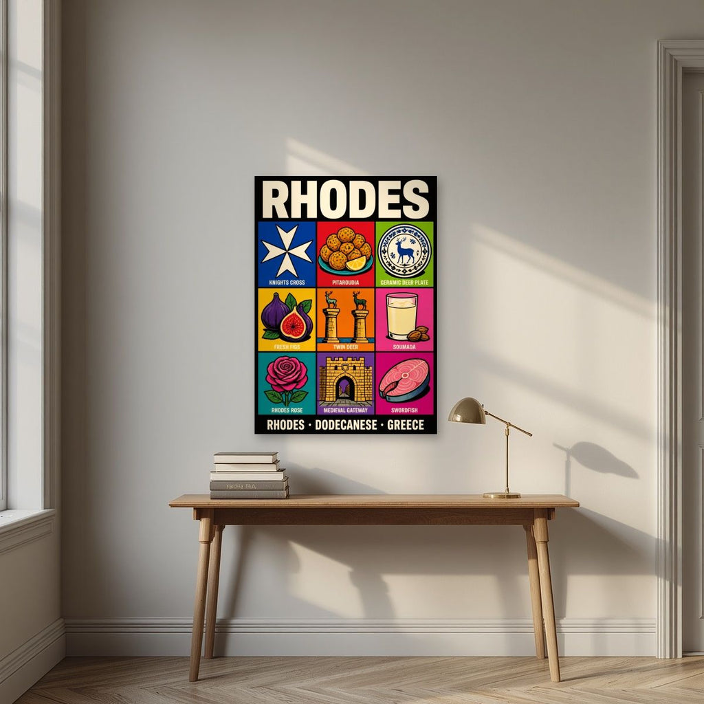 Dodecanese Icons — Rhodes art print, unframed poster, styled in a desk
