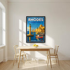 Elafos & Elafina — Rhodes art print, in a black frame, styled in a kitchen
