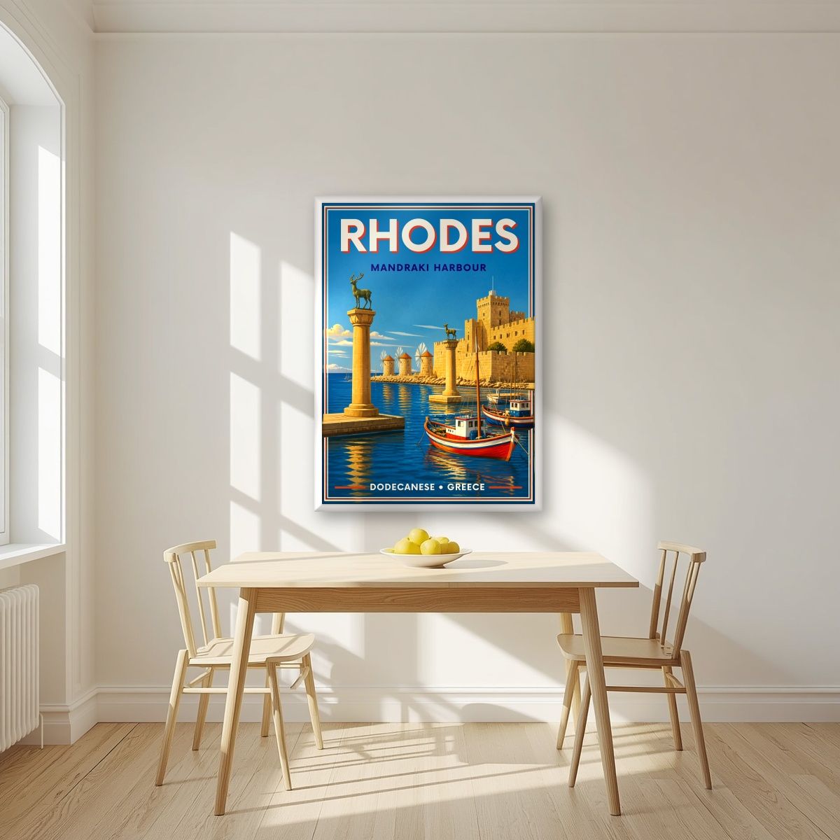 Elafos & Elafina — Rhodes art print, in a white frame, styled in a kitchen