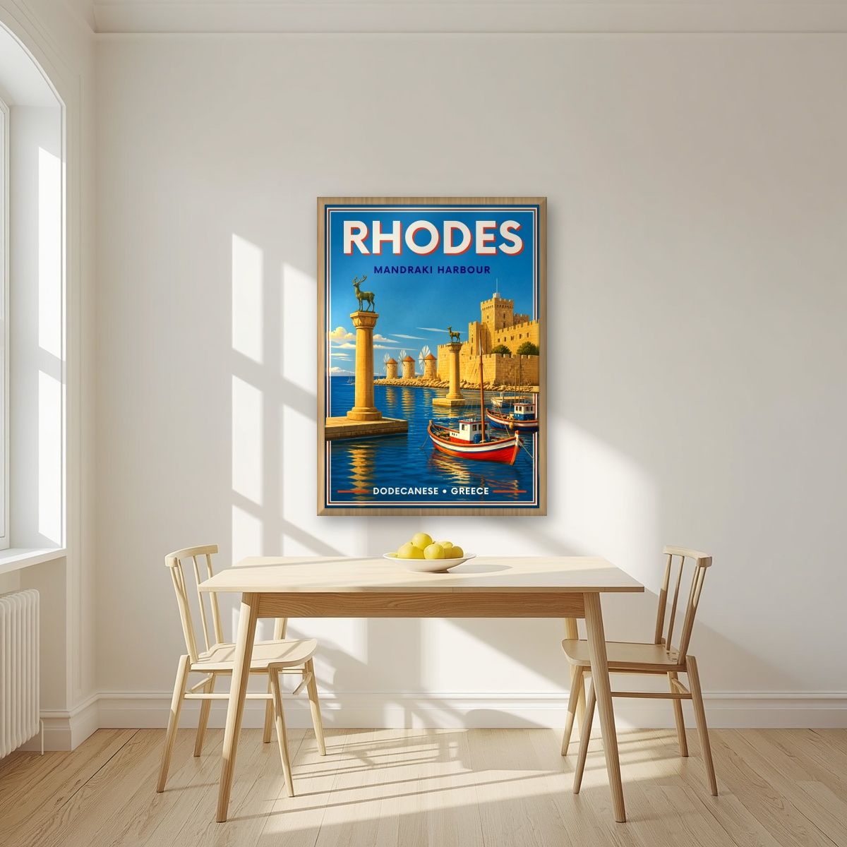 Elafos & Elafina — Rhodes art print, in an oak frame, styled in a kitchen