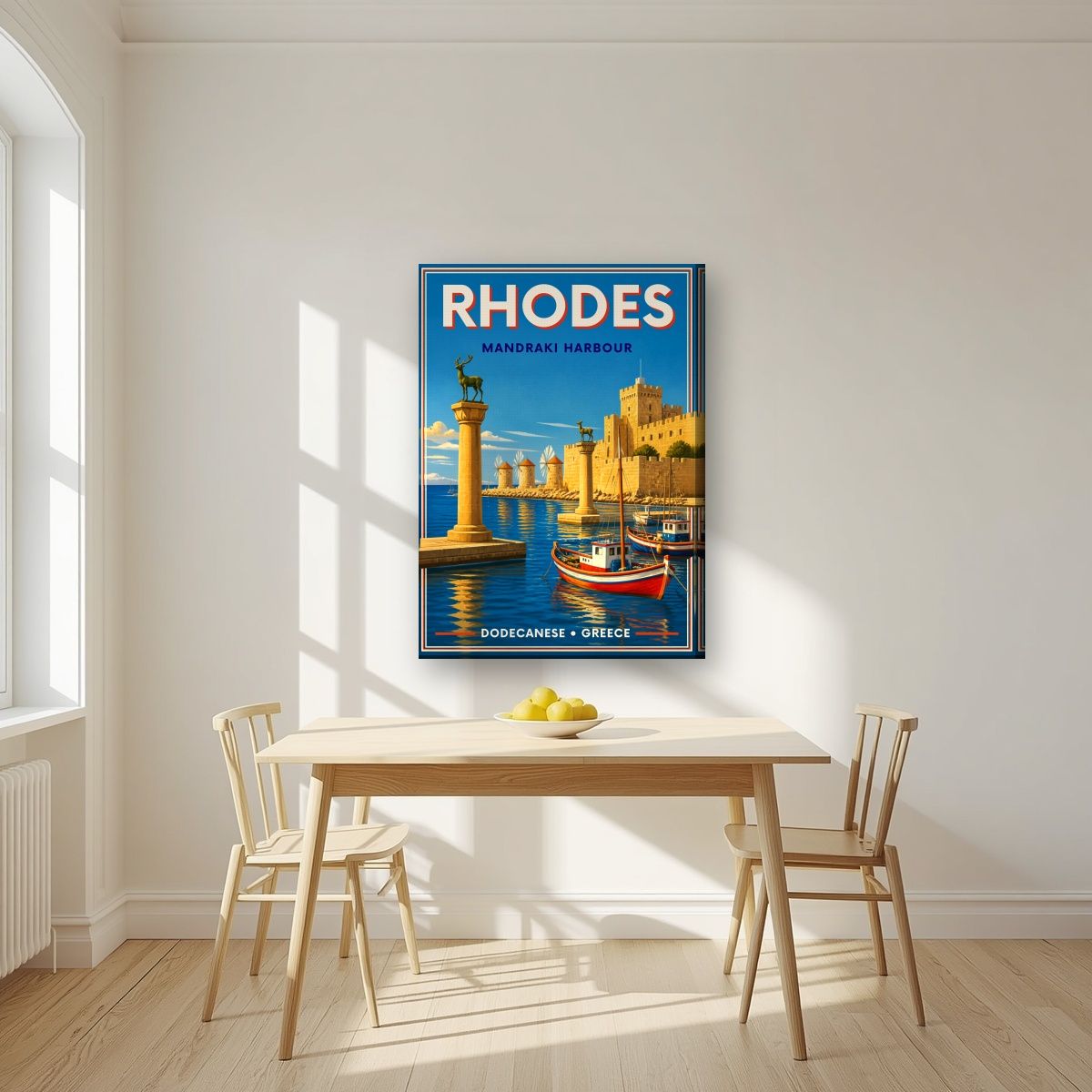 Elafos & Elafina — Rhodes art print, on slim canvas, styled in a kitchen