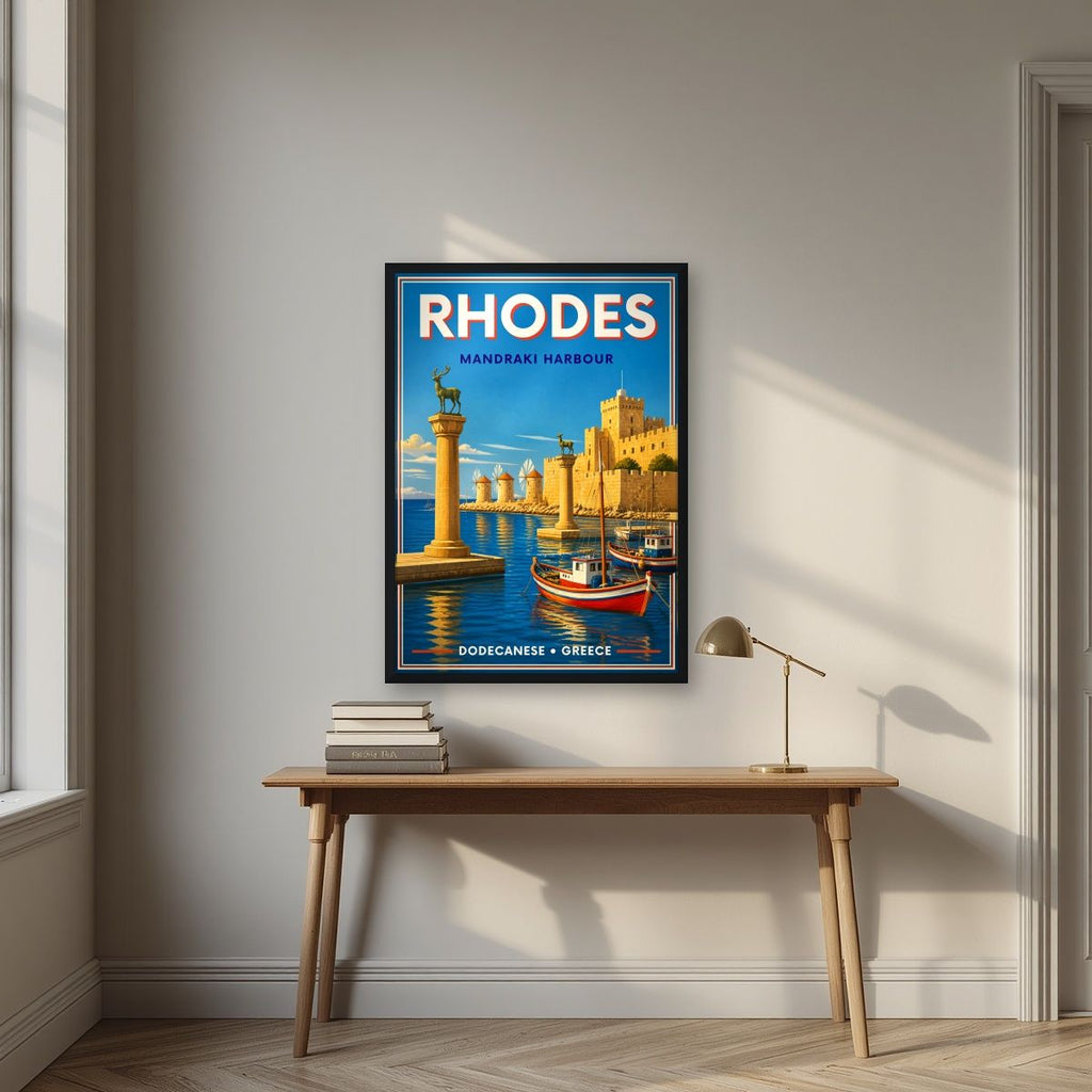 Elafos & Elafina — Rhodes art print, in a black frame, styled in a desk