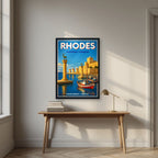 Elafos & Elafina — Rhodes art print, in a black frame, styled in a desk