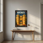 Grand Master's Gate — Rhodes art print, in a black frame, styled in a desk