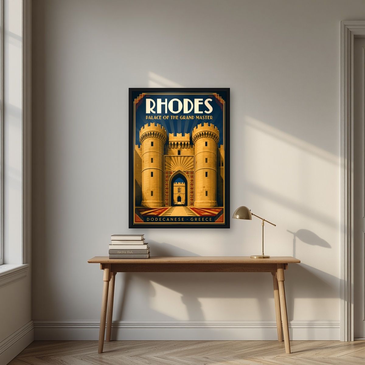 Grand Master's Gate — Rhodes art print, in a black frame, styled in a desk